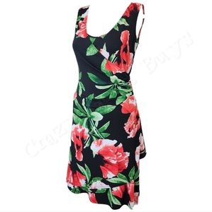 PeachyMama Nursing Breastfeeding Midi Dress Black & Red Rose Floral Stretchy, XS